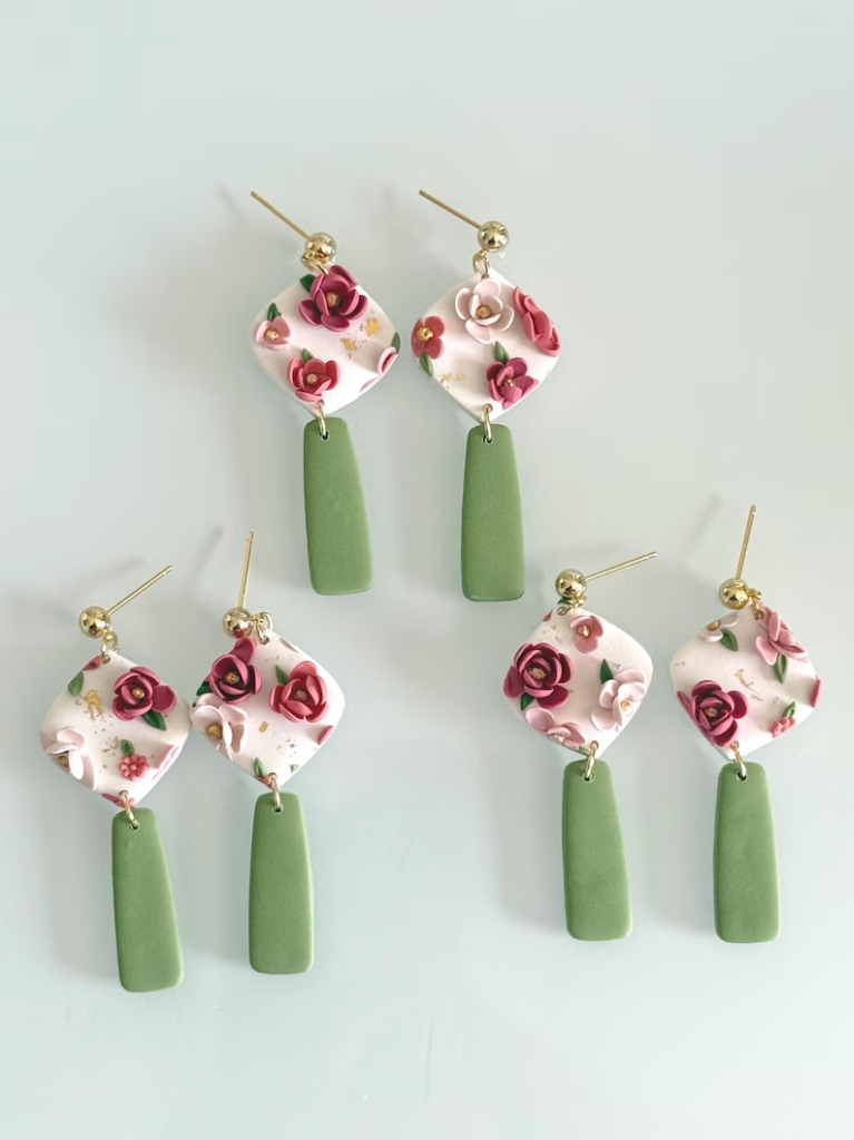 Pink and Green Floral Earrings
